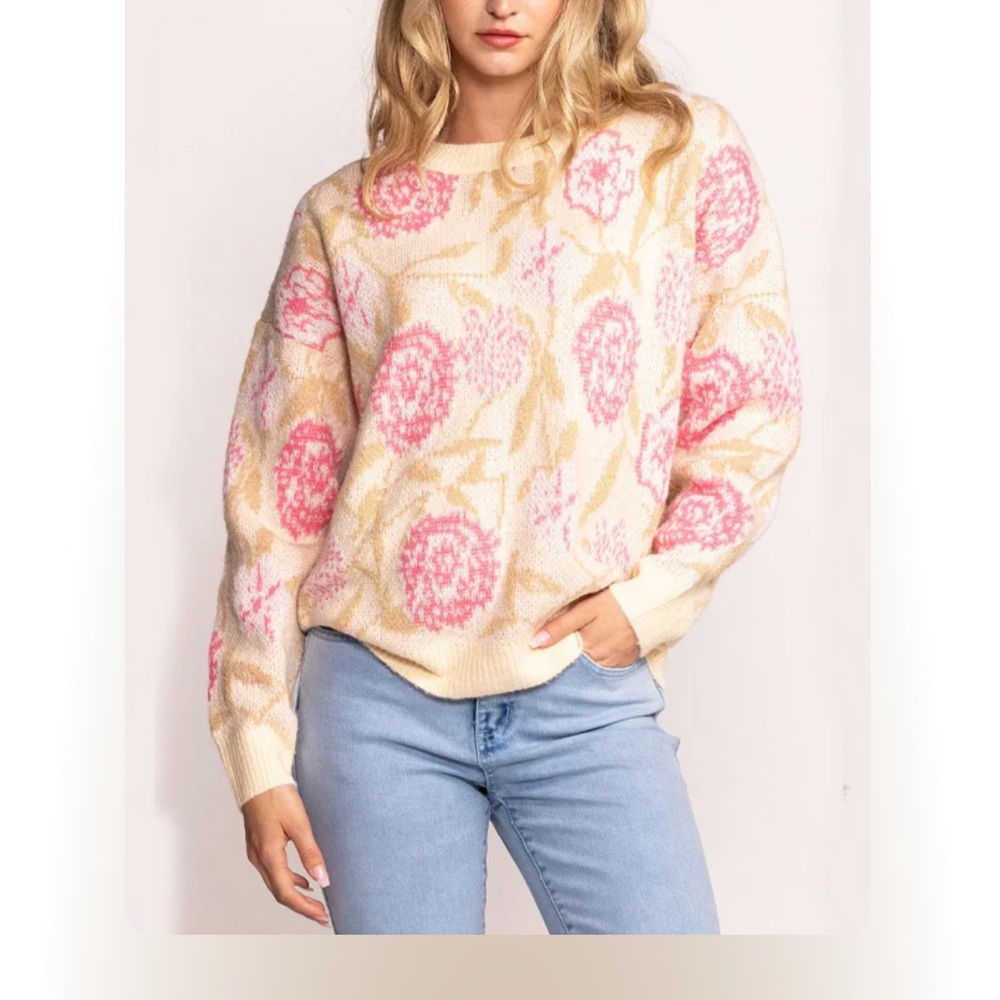 Pink Martini Floral Knit Sweater - Cream and Pink
